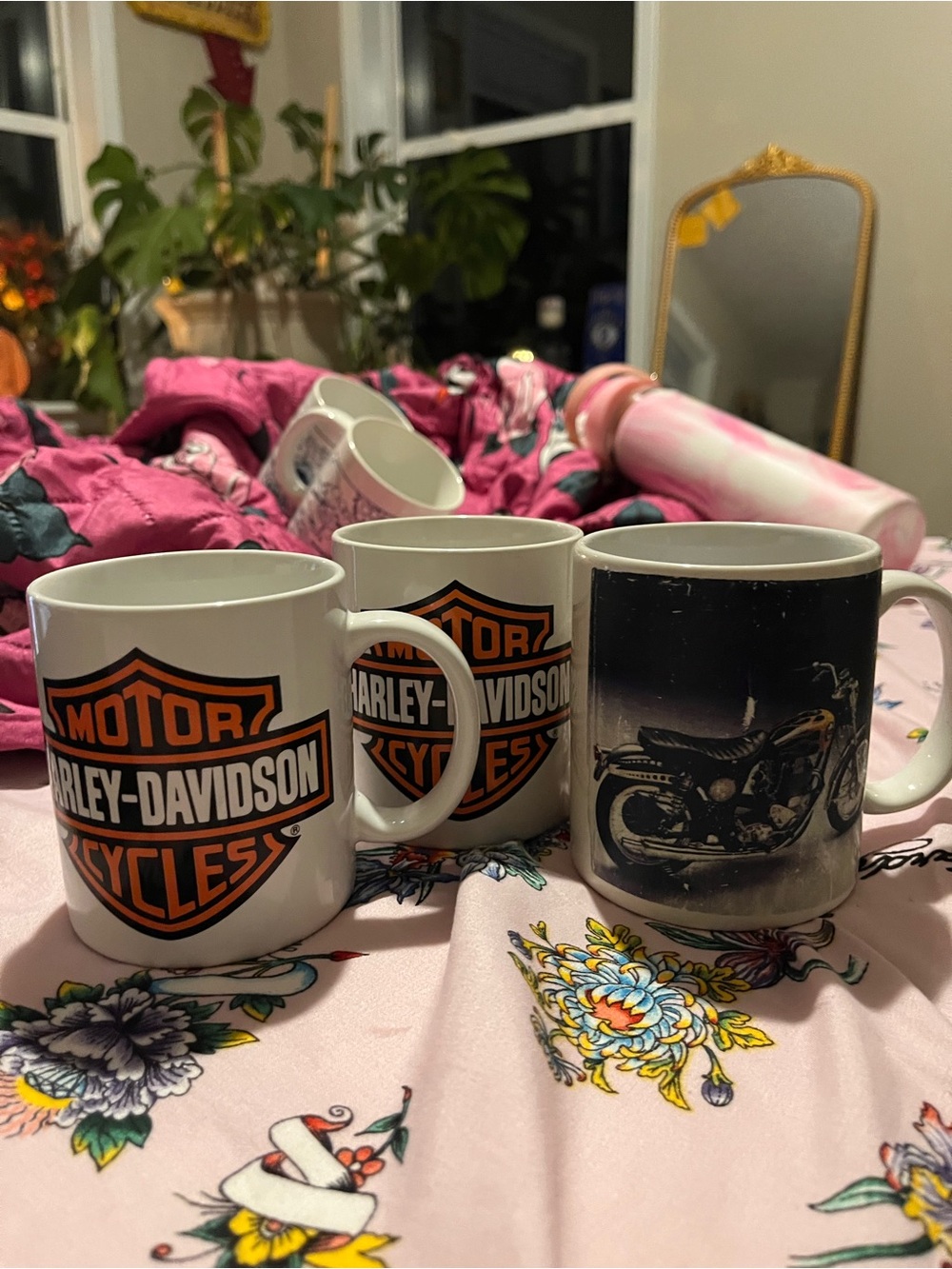 Harley-Davidson White Mugs with Orange and Black Logo & Motorcycle Print